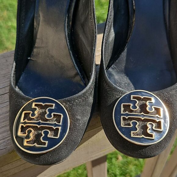 Tory Burch Black Suede Heels with Gold Logo & Block Heel - Project Heels - Picture 2 of 12